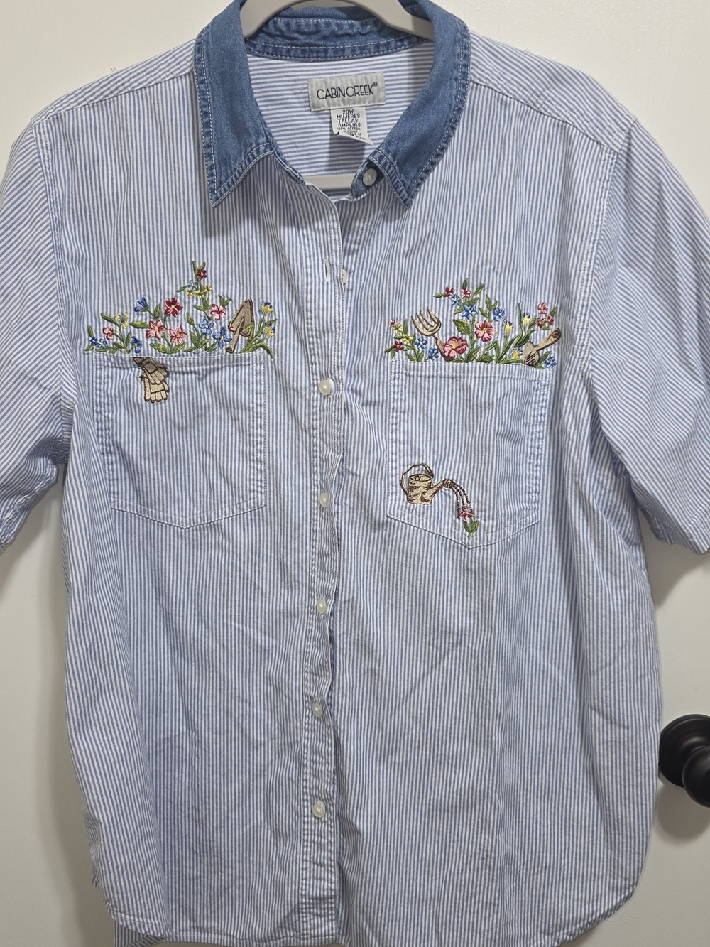 100% Cotton Cabin Creek Striped Button-Up Shirt with Floral Embroidery